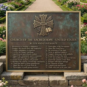 May include: A rectangular bronze plaque titled Church of the Sacred Hope - United States Rules and Covenants. It features an embossed cross with a fish, rosary, and open book. The text lists thirty-five rules in two columns on a weathered surface.