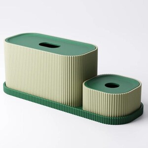 May include: A two-piece tissue box and container set. The set features a light green ribbed design with dark green lids and a matching base. The rectangular tissue box has a slot opening, and the smaller container has a circular opening.