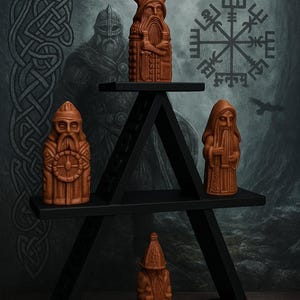 Norse Viking Shelf Display with 4 Miniature Figurines – Odin, Warrior, Seeress & More | Handmade 3D Printed Décor | Norse Mythology Gift.