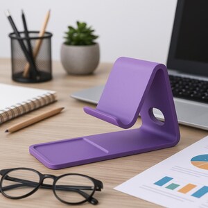 May include: A purple phone stand with a rectangular base and an angled support. The stand has a small circular hole and a lip to hold a phone. The stand is on a wooden desk with other office supplies.