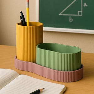 May include: A desk organizer set in yellow, green, and pink. The set includes a cylindrical pencil holder, an oval-shaped container, and a tray. A pencil and pen are in the yellow holder. A notebook and pencil are in the foreground. A chalkboard with a math formula is in the background.