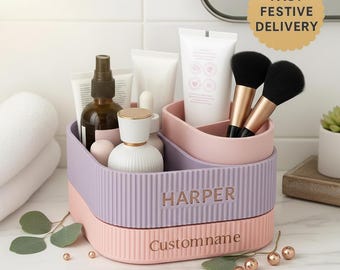 Modern Ribbed Vanity Organizer Two-Tier Makeup & Skincare Storage Tray Minimalist Desk or Bathroom Holder fall gift for her/him