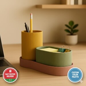 Modern Ribbed Desk Organizer Set: Minimalist Desktop Storage pen holder desk storage clutter homeware remover tidy and modular. image 2