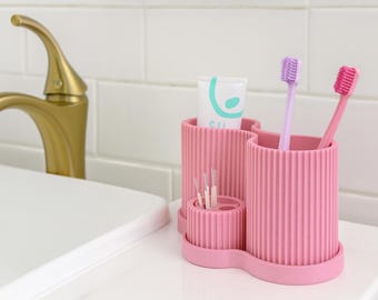 Organizer moderno per il bagno / Portaspazzolino e dentifricio a coste / Portaoggetti per scrivania e trucchi / Organizer minimalista stampato in 3D con vaschetta raccogligocce.