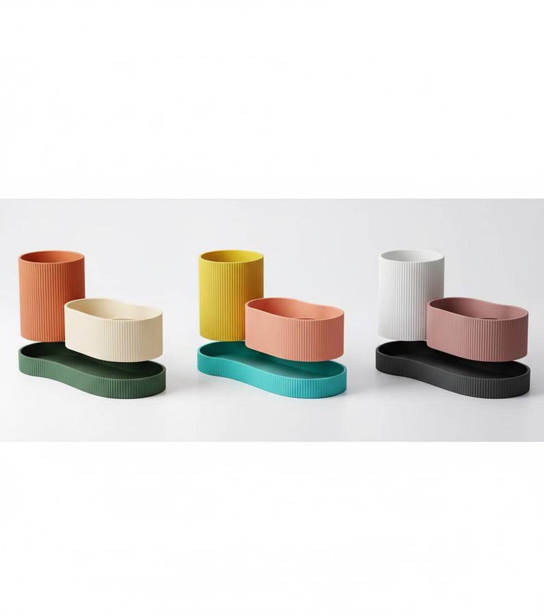 Modern Ribbed Desk Organizer Set: Minimalist Desktop Storage pen holder desk storage clutter homeware remover tidy and modular. image 3