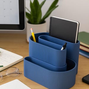 3D Printed S-Shaped Desk Organizer: Ribbed Pen & Notebook Holder