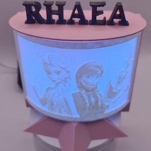 Personalised Frozen LED Night Light for Girls – Custom Name, Remote Control, Colour Changing Bedside Lamp name across the top.