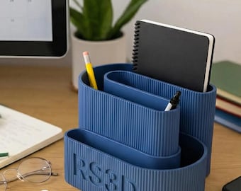 3D Printed S-Shaped Desk Organizer: Ribbed Pen & Notebook Holder