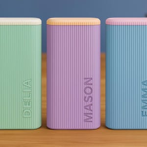 May include: Three pastel-coloured pencil cases with ribbed texture and contrasting lids. The cases are green, purple, and blue, each with a name embossed vertically: DELIA, MASON, and EMMA. A clock and pencils are in the background.