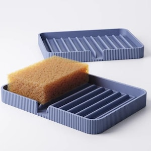 Minimalist Ribbed Sponge Holder Tray – Fast-Draining Sink Caddy – Modern Sink Accessory for Kitchen or Bathroom soap holder double his hers