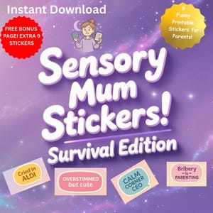Foglio di adesivi Sensory Mum - Edizione Sopravvivenza / Adesivi divertenti stampabili per genitori / Download immediato / 17 adesivi inclusi