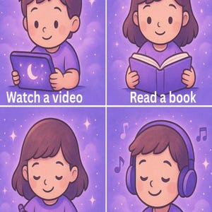 Könnte beinhalten: Vierteilige Illustration mit Kindern, die verschiedenen Aktivitäten nachgehen. Die Tafeln lauten: „Video ansehen“, „Buch lesen“, „Zeit zum Ausmalen“ und „Musik hören“. Jedes Kind hat braune Haare und trägt ein lila Oberteil, vor einem sternenübersäten lila Hintergrund.