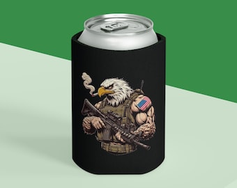 Enfriador de latas con diseño de águila patriótica y soldado / Funda para latas de cerveza con la bandera militar estadounidense