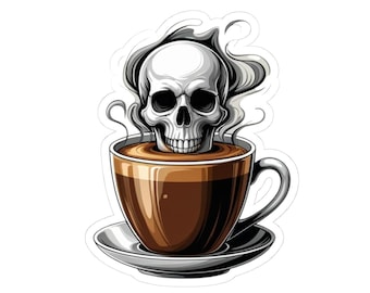 Pegatina de taza de café con calavera / Vinilo adhesivo oscuro (troquelado)