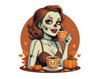 Pegatina brillante de café zombi - Decoración espeluznante de Halloween