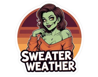 Pegatina troquelada "Tiempo de suéter" de Zombie acogedor - Calcomanía de Halloween