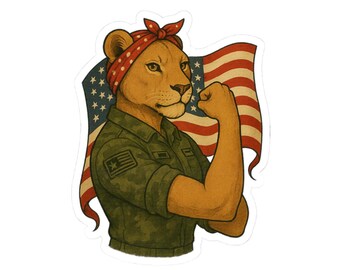Pegatina militar de leona empoderadora, arte de la bandera estadounidense, calcomanía con mensaje feminista