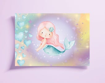 Pastel Mermaid Wall Art Printable, Whimsical Nursery Decor, Girls Room Digital Download