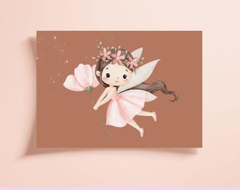 Pink Fairy Wall Art Printable, Floral Fairy Nursery Decor, Girls Room Digital Download