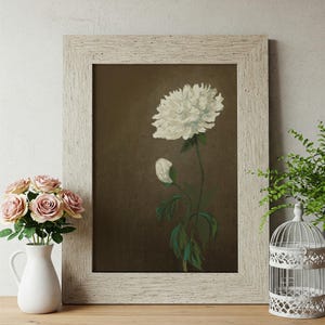 White Peony Flower Digital Art Print – Vintage Botanical Wall Art – Rustic Floral Painting Poster – Romantic Dark Background Artwork