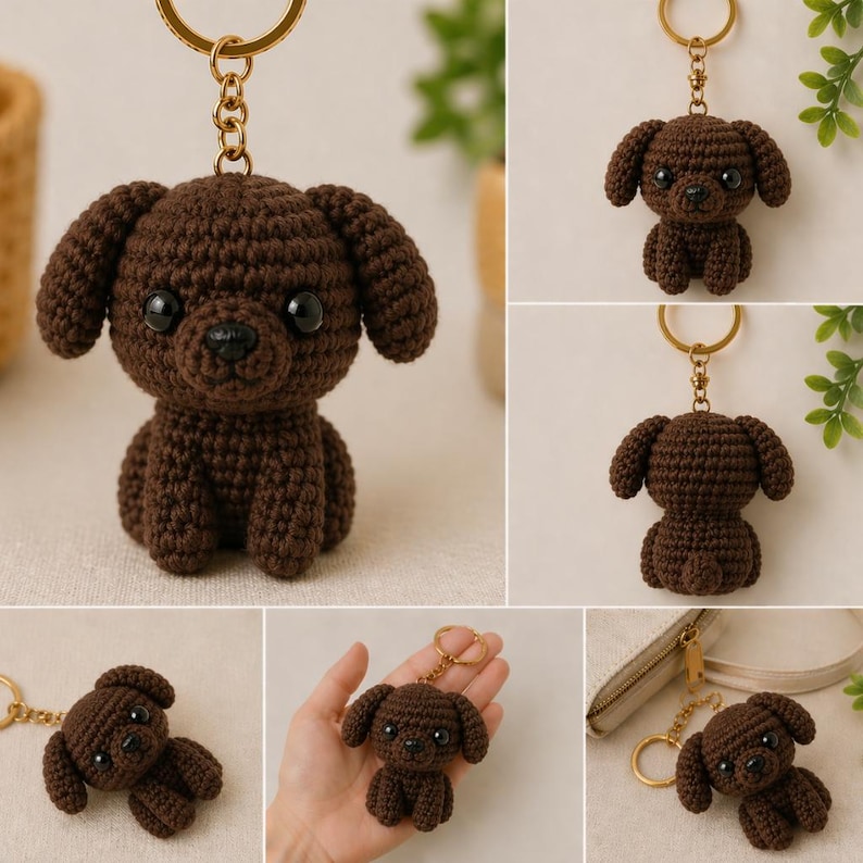 May include: A collection of crochet dog keychains in various poses. The keychains are brown with black eyes and noses, and attached to gold-colored key rings. The dogs are handmade and have floppy ears.