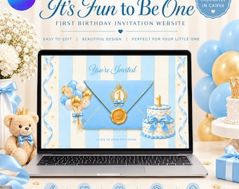 May include: An editable Canva template for a first birthday invitation website displayed on a laptop screen. The design features light blue stripes, a blue envelope with a gold crown seal, a balloon bouquet, and a tiered cake with a number one.