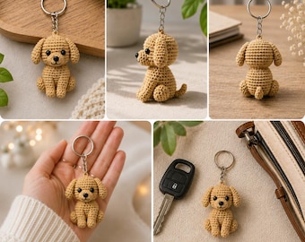 May include: A crocheted dog keychain in a light tan color. The small dog has a round head, floppy ears, and a small tail. The keychain is attached to a silver metal ring.