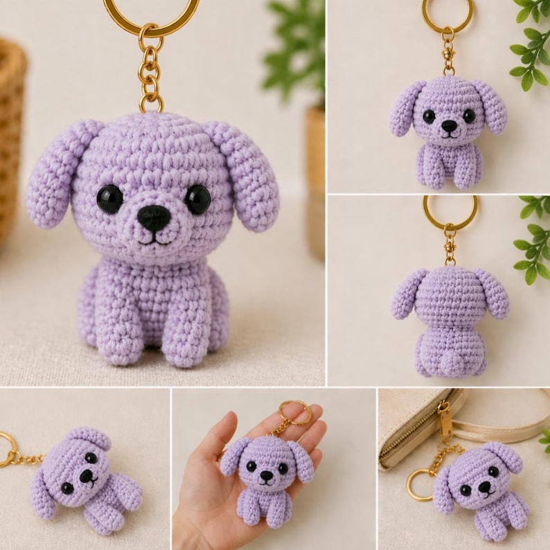 May include: A lavender crochet dog keychain with a gold-colored keyring. The dog has large black eyes and a black nose. The keychain is handmade and features a detailed crochet stitch, showcasing a cute, friendly puppy design.