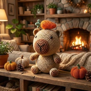 May include: A crocheted teddy bear with a carrot on its head sits on a wooden shelf with miniature pumpkins and pinecones. The bear is tan with a brown snout and paws. The scene is set in a cozy living room with a fireplace.
