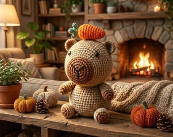 Könnte beinhalten: Ein gehäkelter Teddybär mit einer Karotte auf dem Kopf sitzt auf einem Holzregal mit Miniaturkürbissen und Tannenzapfen. Der Bär ist beige mit einer braunen Schnauze und Pfoten. Die Szene spielt in einem gemütlichen Wohnzimmer mit Kamin.