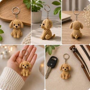 Puede incluir: Un llavero de perro tejido a ganchillo en color canela, con una figura de cachorro con ojos de cuentas negras y nariz negra, unido a una anilla de metal plateado mediante una cadena corta. El perro estilo amigurumi se muestra desde varios ángulos, destacando su construcción de hilo texturizado y sus orejas caídas.