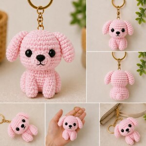 May include: A collection of pink crochet dog keychains. Each keychain features a small, handmade dog with black eyes and a black nose. The dogs have floppy ears and are attached to a gold-colored keyring.
