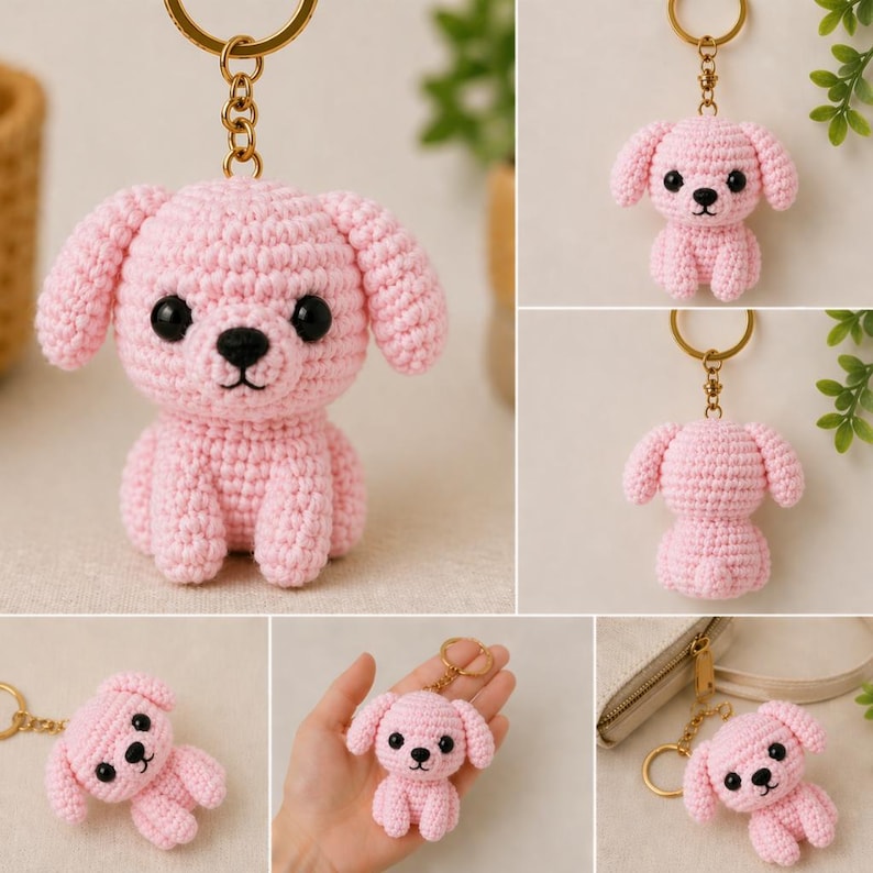 May include: A collection of pink crochet dog keychains. Each keychain features a small, handmade dog with black eyes and a black nose. The dogs have floppy ears and are attached to a gold-colored keyring.
