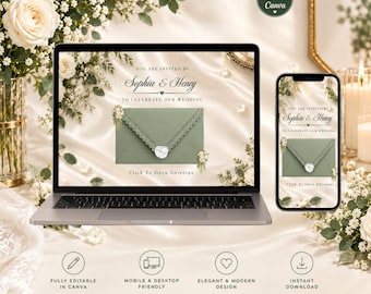 May include: A laptop and a smartphone displaying a digital wedding invitation template featuring a sage green envelope with lace trim and a heart-shaped wax seal. The text reads Sophia & Henry, You Are Invited By, To Celebrate Our Wedding.