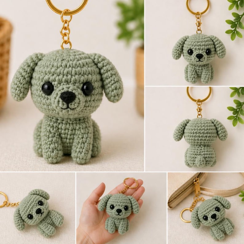 May include: A collection of crochet dog keychains in various poses. The dogs are a soft green color with black eyes and noses. Each keychain has a gold-colored ring. The dogs are handmade and have a cute, friendly appearance.