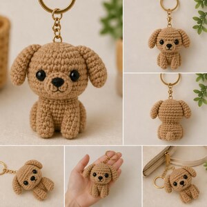 May include: A collection of crochet dog keychains in various poses. The keychains are a light brown color with black eyes and noses. The dogs have floppy ears and are attached to gold-colored key rings. The keychains are handmade and appear soft.