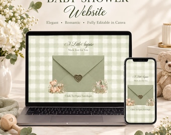 May include: A laptop and smartphone displaying a baby shower website template with a light green gingham background, a central envelope graphic with a heart seal, and illustrations of a teddy bear and a rabbit. The text reads A Little Surprise.