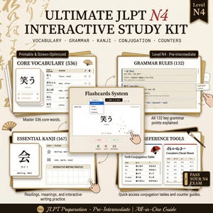 May include: An Ultimate JLPT N4 Interactive Study Kit featuring sections for core vocabulary, grammar rules, essential kanji, and reference tools. The kit includes a flashcard system, verb conjugation tables, and a counters cheat sheet for exam prep.