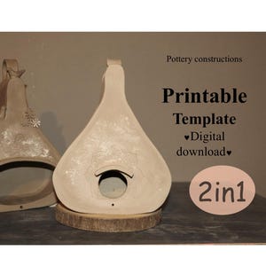 Könnte beinhalten: Zwei beige, tropfenförmige Keramikkonstruktionen mit offenen Fronten, eine auf einem Holzsockel. Das Bild enthält den Text "Printable Template" und "Digital download". Das Design ist mit "2in1" gekennzeichnet.