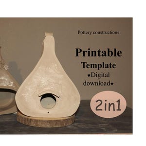 Könnte beinhalten: Zwei beige, tropfenförmige Keramikkonstruktionen mit offenen Fronten, eine auf einem Holzsockel. Das Bild enthält den Text "Druckbare Vorlage" und "Digitaler Download". Das Design ist mit "2in1" gekennzeichnet.
