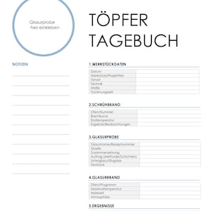 Puede incluir: Un diario en blanco y negro titulado "Töpfer Tagebuch" con un círculo azul para una muestra de esmalte. El diario incluye secciones para Werkstückdaten, Schrühbrand, Glasurprobe, Glasurbrand y Ergebnisse.