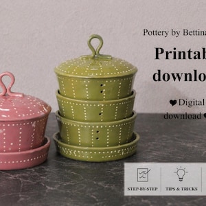 May include: A stack of three green ceramic bowls with lids and a pink ceramic bowl with a lid, all with white dot patterns. The bowls are on matching saucers. The image includes the text "Printable download".