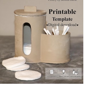 May include: A beige ceramic organizer with a lid, a compartment for cotton pads, and a section for cotton swabs. The words "Printable Template Digital download" are displayed. The image also includes the text "Pottery by Bettina maria".