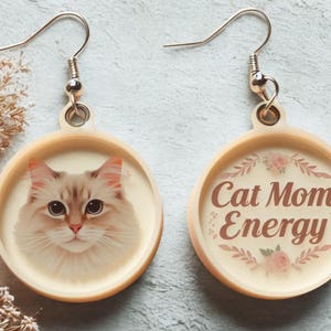 Cat Mom Energy Earrings –Cute Acrylic Cat Lover Gift, 1.5&quot; Milk Acrylic Dangle Earrings, Funny Pet Jewelry for Cat Moms, Lightweight &Unique