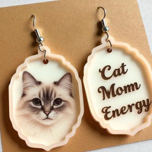Cat Mom Energy Earrings – Lightweight Acrylic Dangle Earrings for Cat Lovers, Funny Pet Mom Gift, 1.5&quot; Milk Acrylic Jewelry