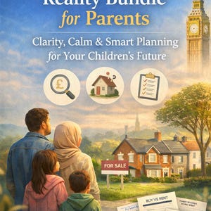 Peut inclure: Couverture de livre "UK Housing Reality Bundle for Parents" avec une famille devant des maisons. L'image comprend Big Ben, une tasse de café et des documents. Le texte promet clarté et planification pour l'avenir des enfants.