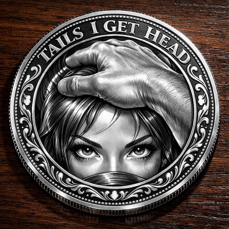 May include: A silver coin with the text "TAILS I GET HEAD" around the edge. The coin features a detailed engraving of a woman's face with a hand touching her hair.