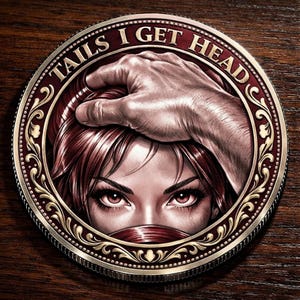 May include: A circular coin with an intricate design. It depicts a woman's face with red hair and eyes, and a hand resting on her head. The coin's edge has the text "TAILS I GET HEAD" in a decorative font.