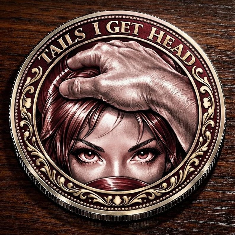May include: A circular coin with an intricate design. It depicts a woman's face with red hair and eyes, and a hand resting on her head. The coin's edge has the text "TAILS I GET HEAD" in a decorative font.