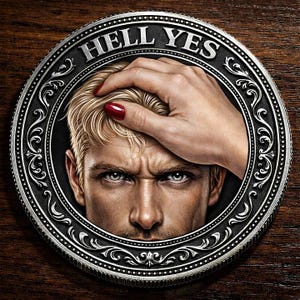 May include: A silver coin with the text "HELL YES" at the top. The coin shows a man with blonde hair and a serious expression, with a hand on his head. The background is dark wood, with a detailed border.